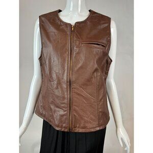 Ellen Kreager Brown Leather Womens Vest With Front Zipper & Chest Pocket Large